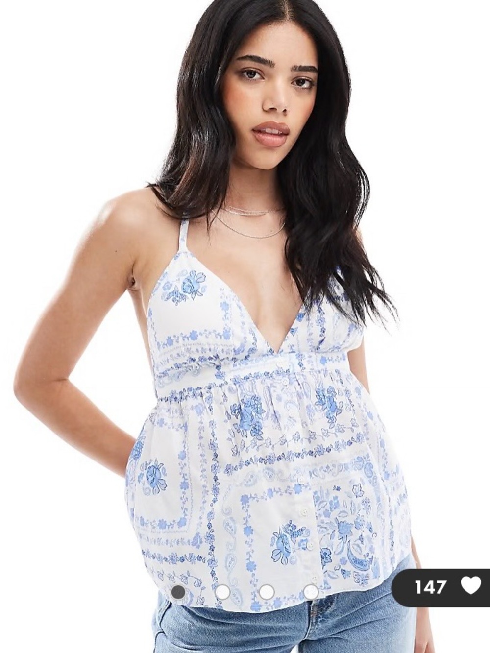 Hollister Y2K Babydoll Halter Neck 
Open Back Top in White & Blue Floral